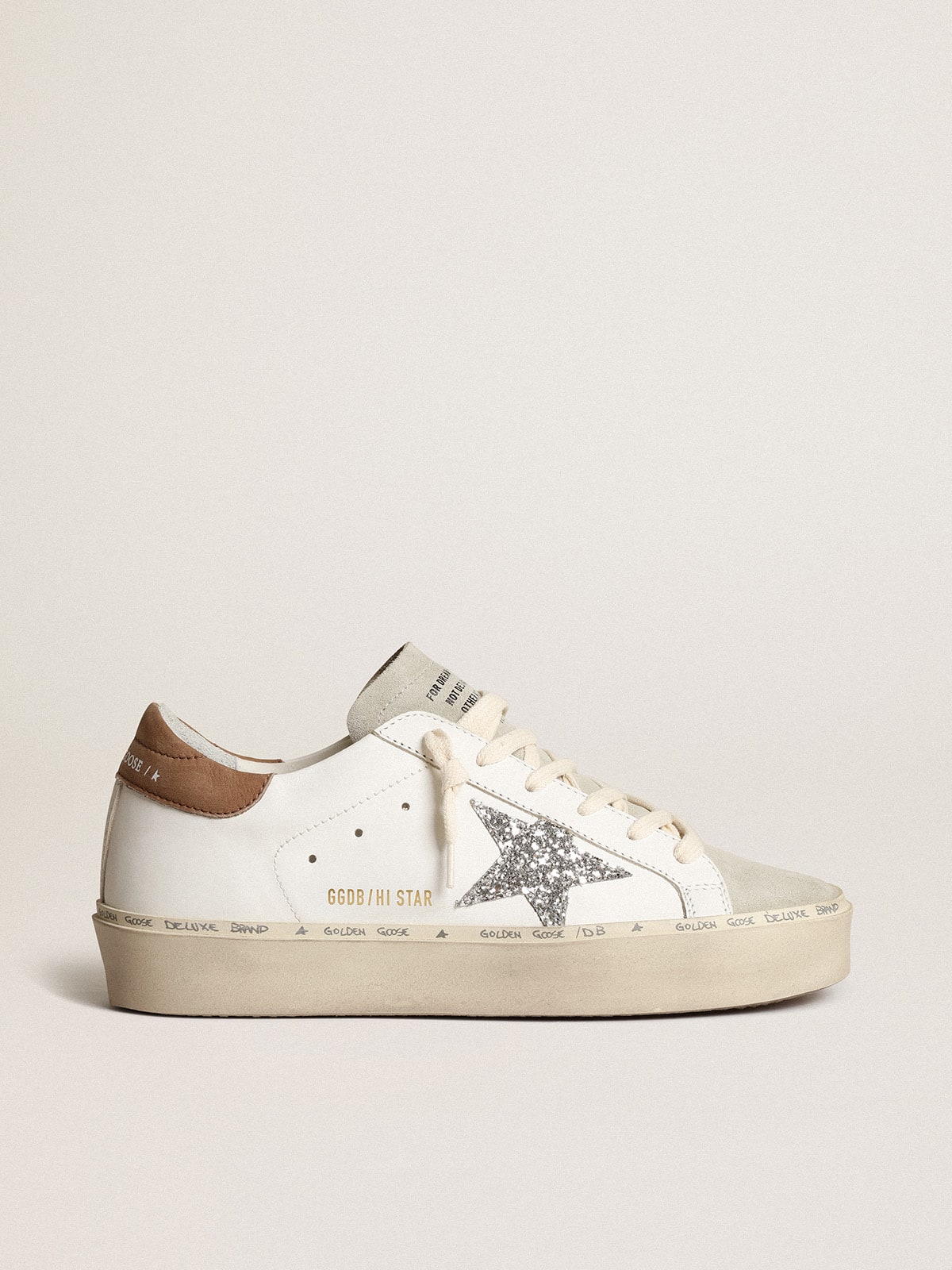 Golden Goose Women’s Hi Star with silver glitter star and dove-gray nubuck heel tab
