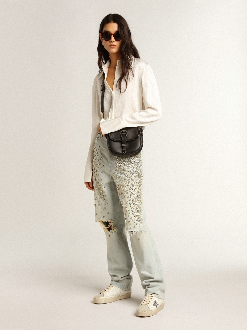 Golden Goose Women’s Hi Star with silver glitter star and dove-gray nubuck heel tab