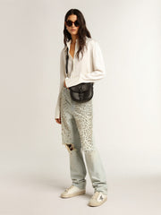 Golden Goose Women’s Hi Star with silver glitter star and dove-gray nubuck heel tab