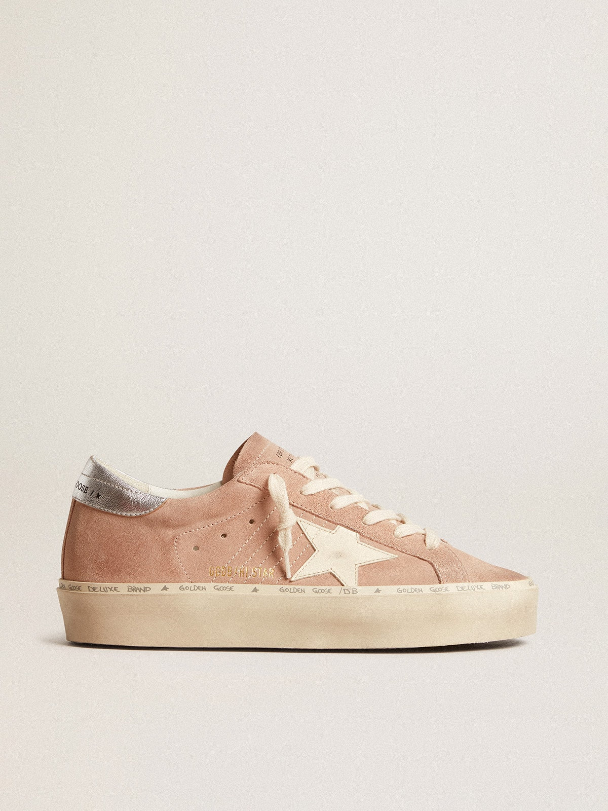 Golden Goose Women's Hi Star in pink suede with cream star and silver leather heel tab