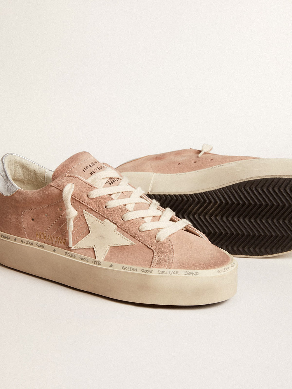 Golden Goose Women's Hi Star in pink suede with cream star and silver leather heel tab