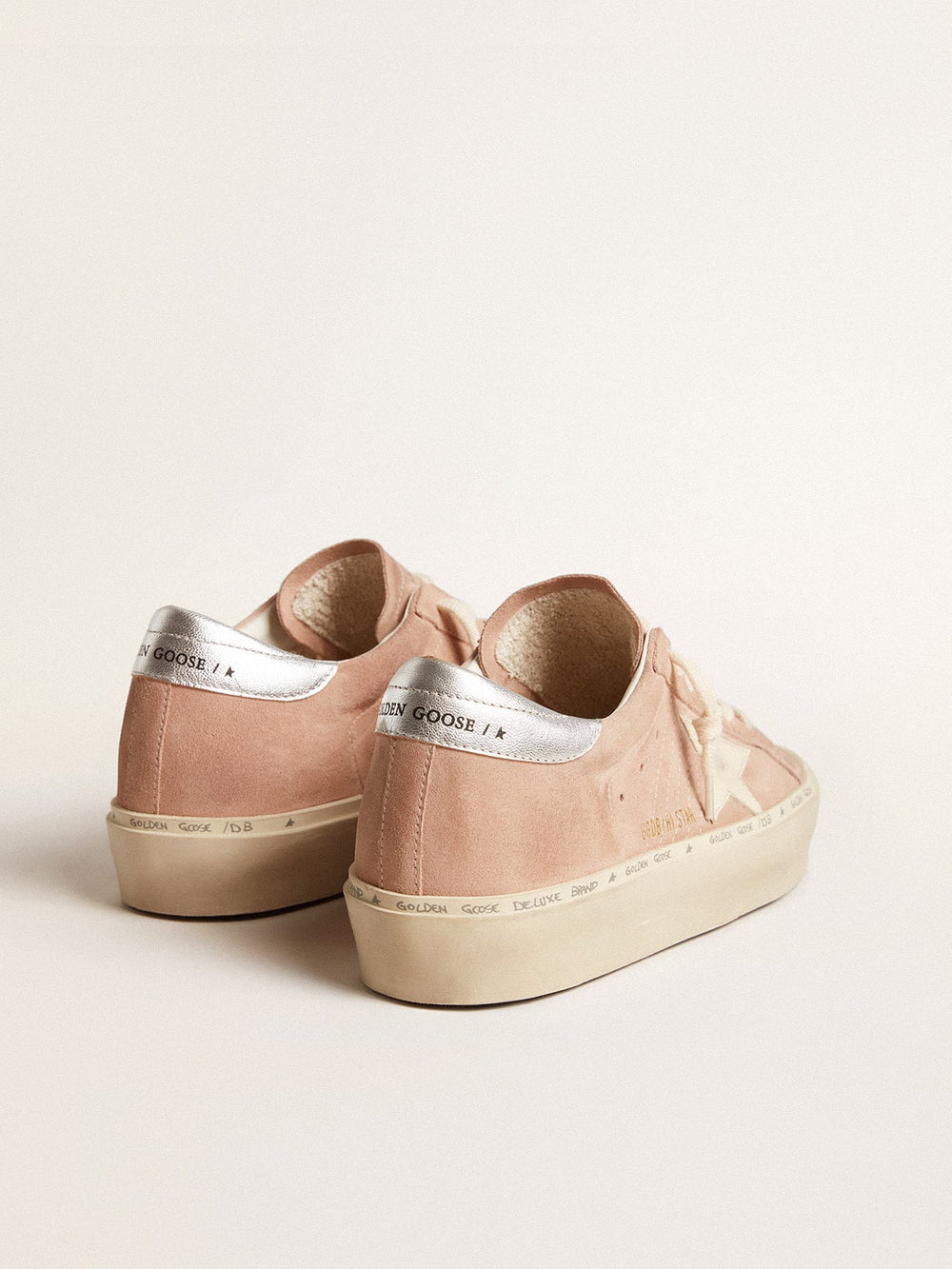 Golden Goose Women's Hi Star in pink suede with cream star and silver leather heel tab