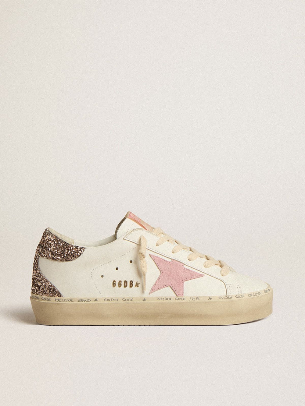 Golden Goose Hi Star in white leather with pink suede star and pink glitter heel tab
