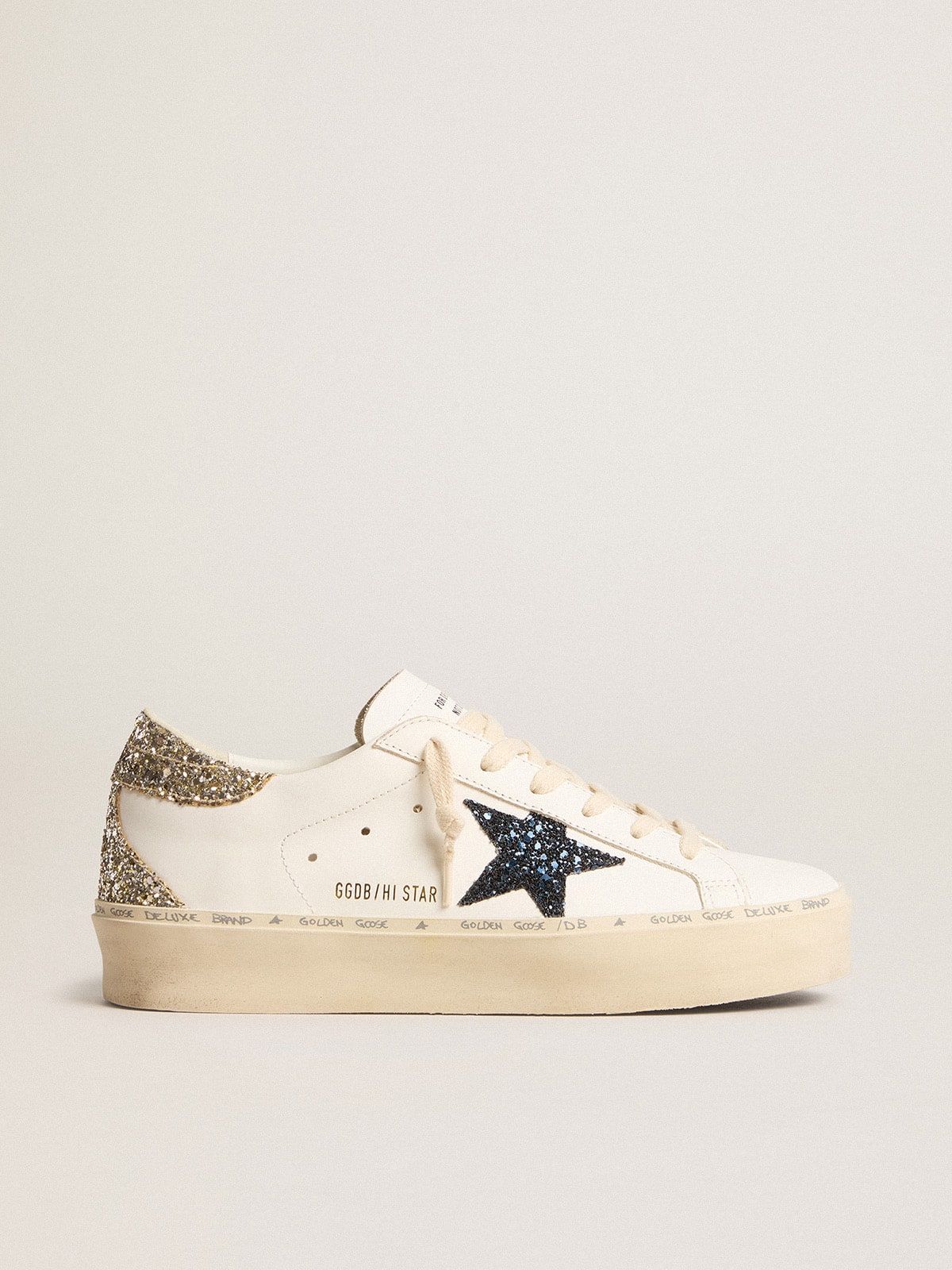 Golden Goose Women's Hi Star with blue glitter star and platinum glitter heel tab