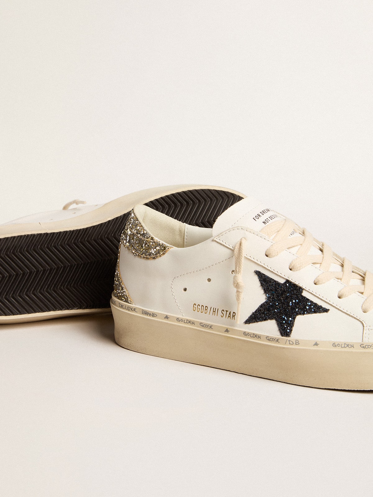 Golden Goose Women's Hi Star with blue glitter star and platinum glitter heel tab