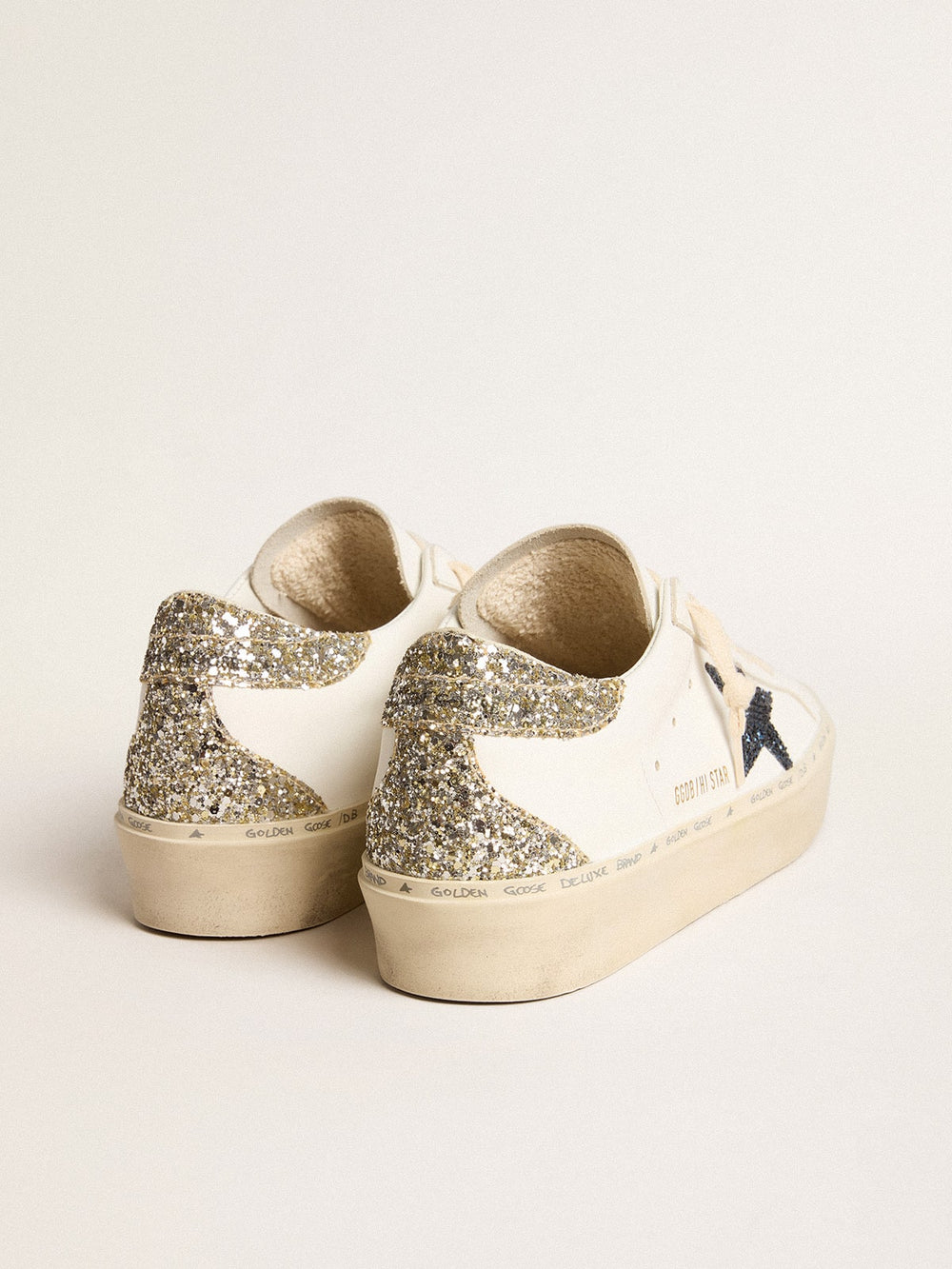 Golden Goose Women's Hi Star with blue glitter star and platinum glitter heel tab
