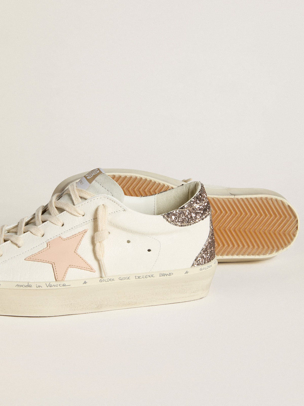 Golden Goose Hi Star in white nappa with pink leather star and glitter heel tab