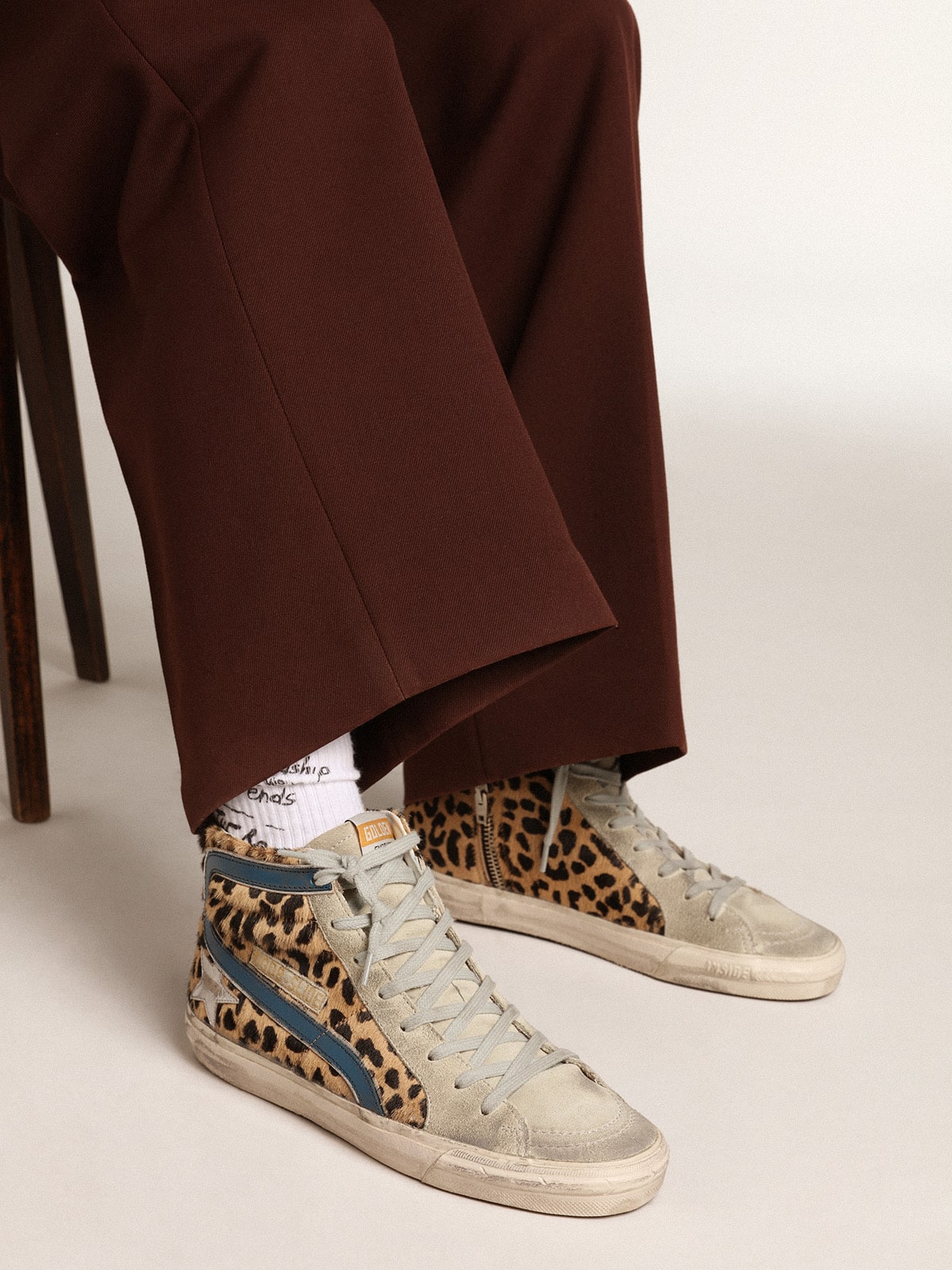 Golden Goose Women's Slide in leopard print pony skin with silver leather star