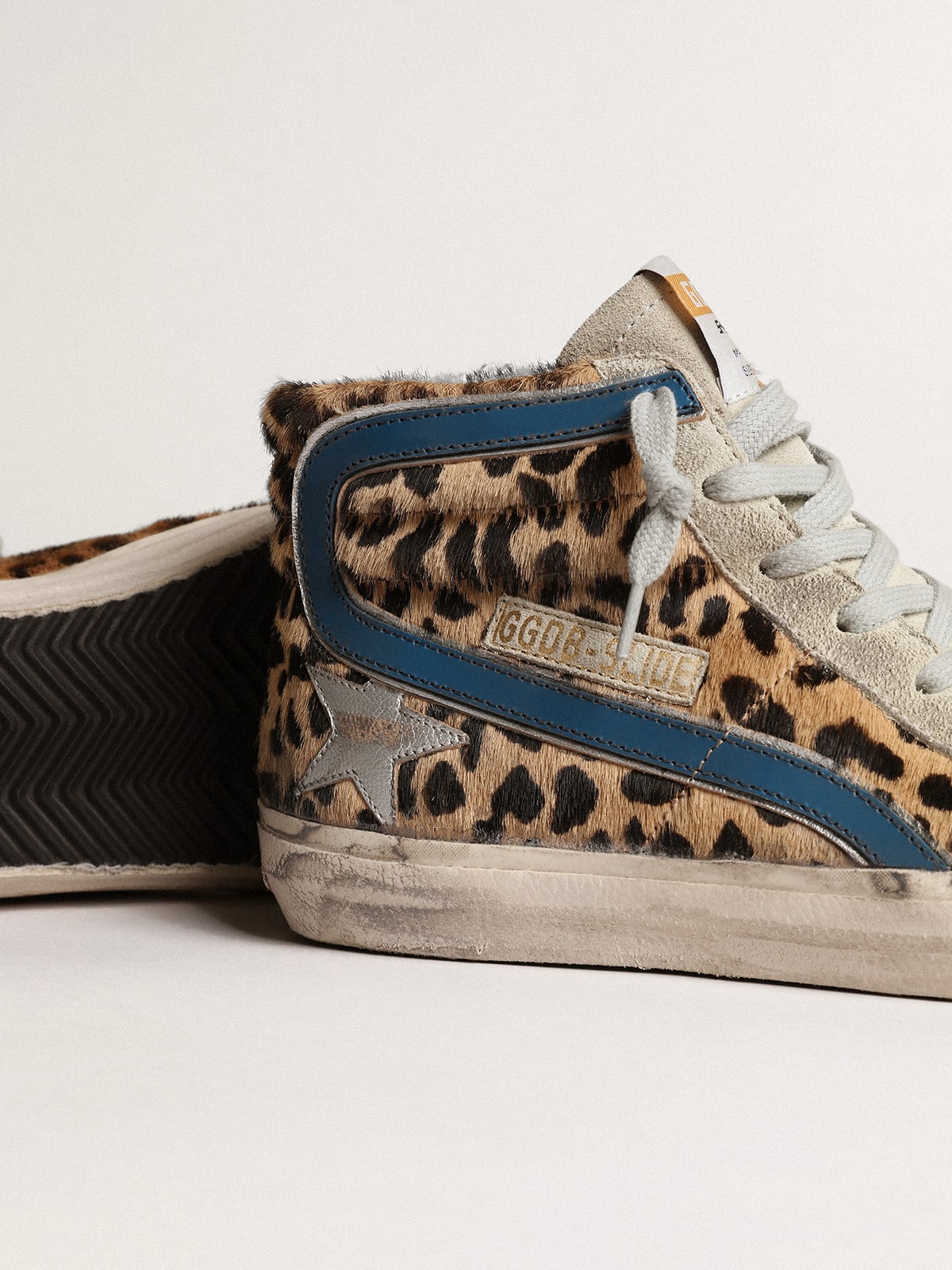 Golden Goose Women's Slide in leopard print pony skin with silver leather star