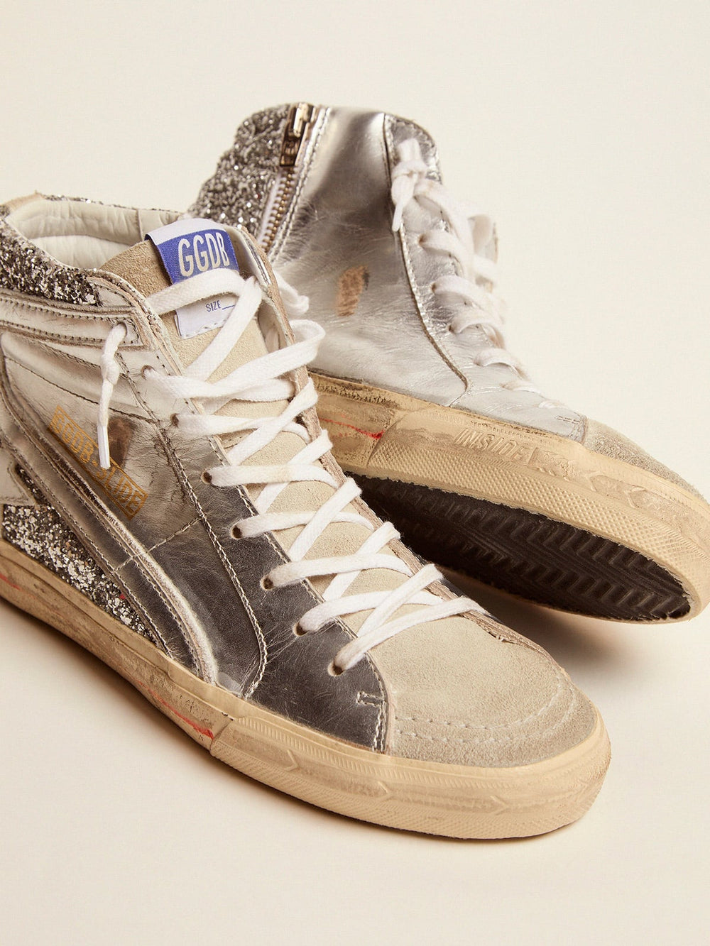 Golden Goose Women's Slide with laminated leather upper and silver glitter
