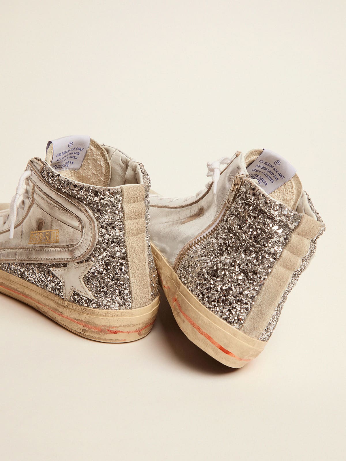 Golden Goose Women's Slide with laminated leather upper and silver glitter