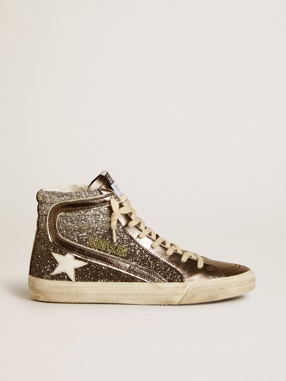 Golden Goose Women's Slide in black and silver glitter with leather star and metallic flash