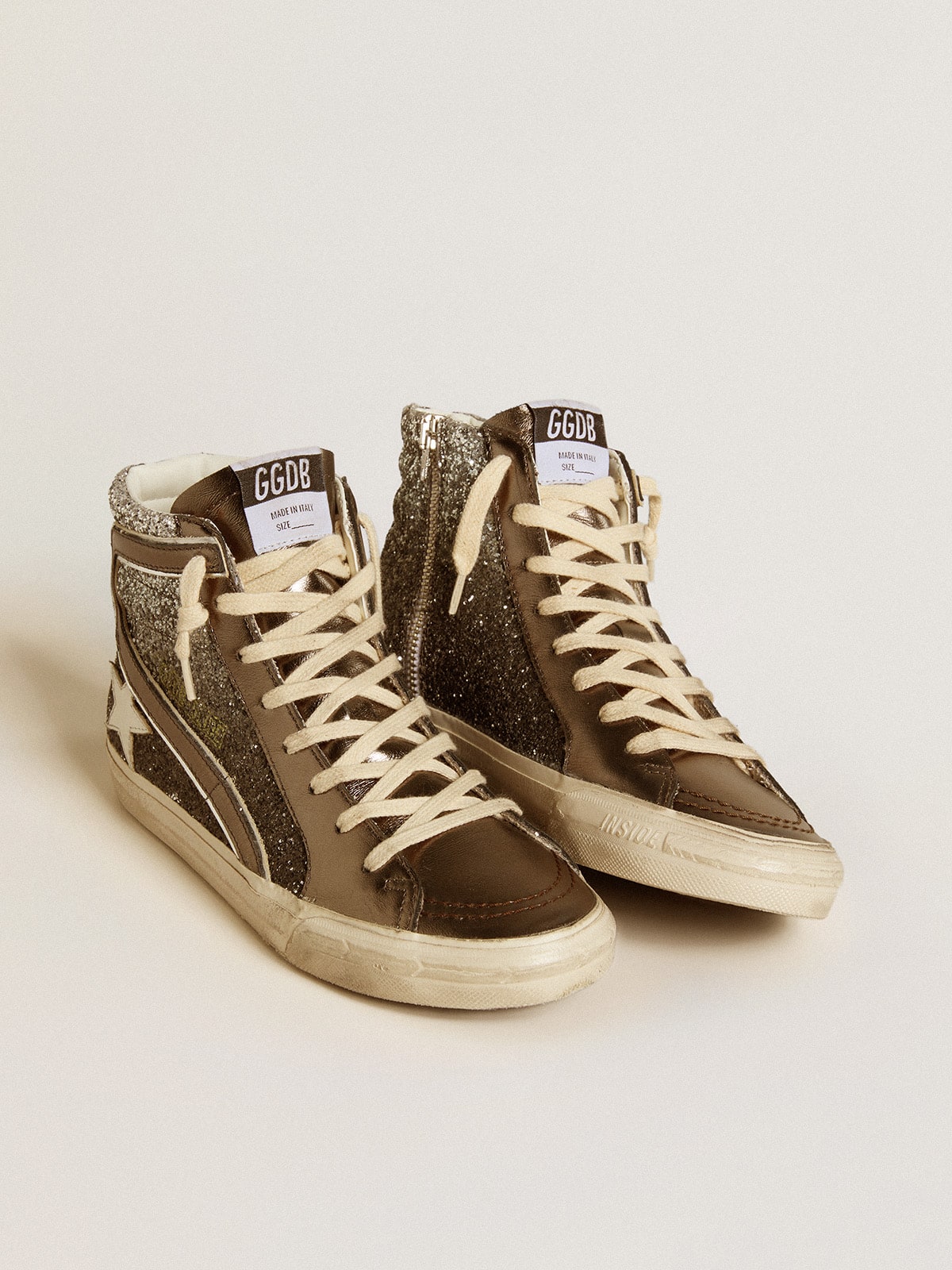 Golden Goose Women's Slide in black and silver glitter with leather star and metallic flash