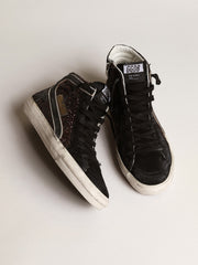 Golden Goose Slide in brown glitter with black leather star and flash