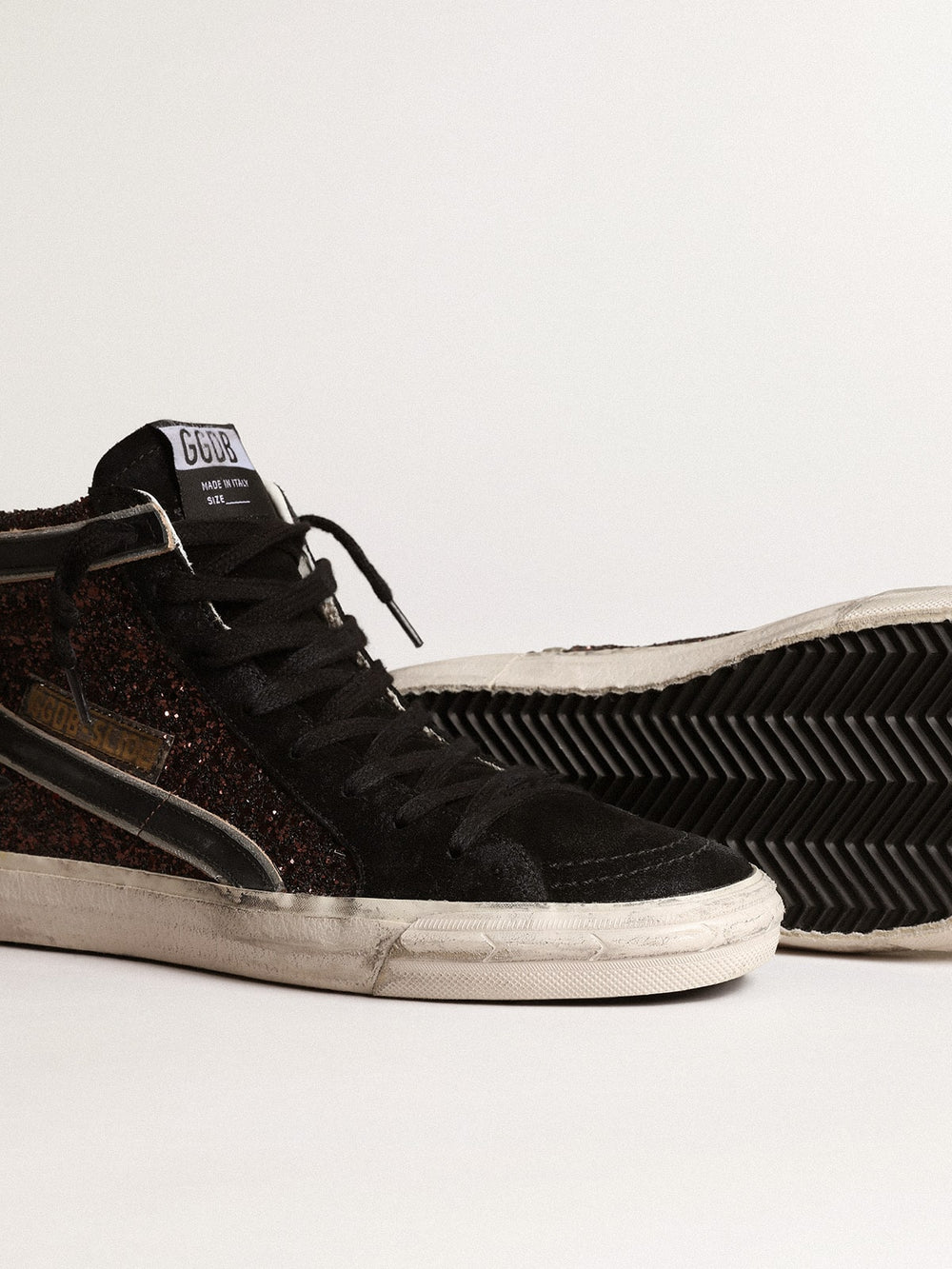 Golden Goose Slide in brown glitter with black leather star and flash