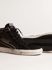 Golden Goose Slide in brown glitter with black leather star and flash
