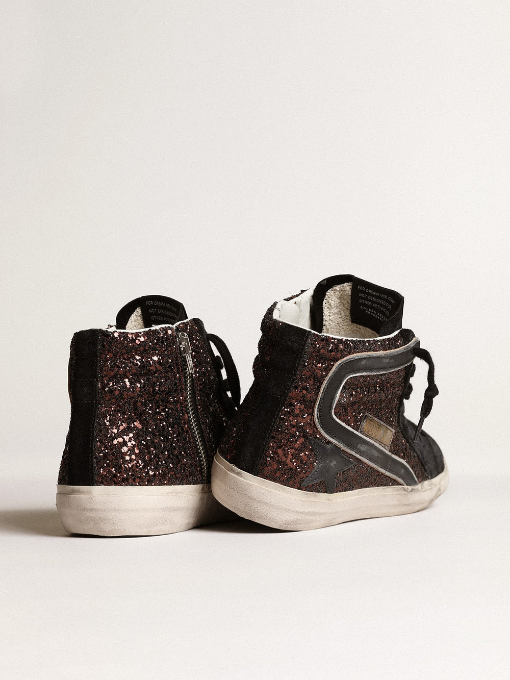 Golden Goose Slide in brown glitter with black leather star and flash