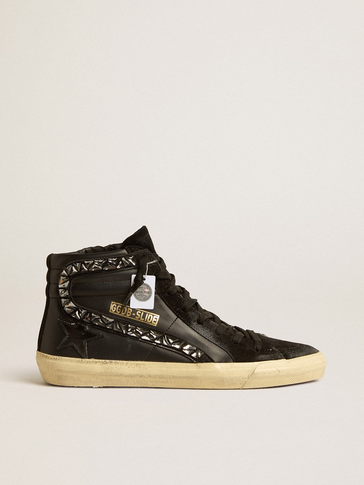 Golden Goose Slide in leather with black star and Swarovski crystal flash