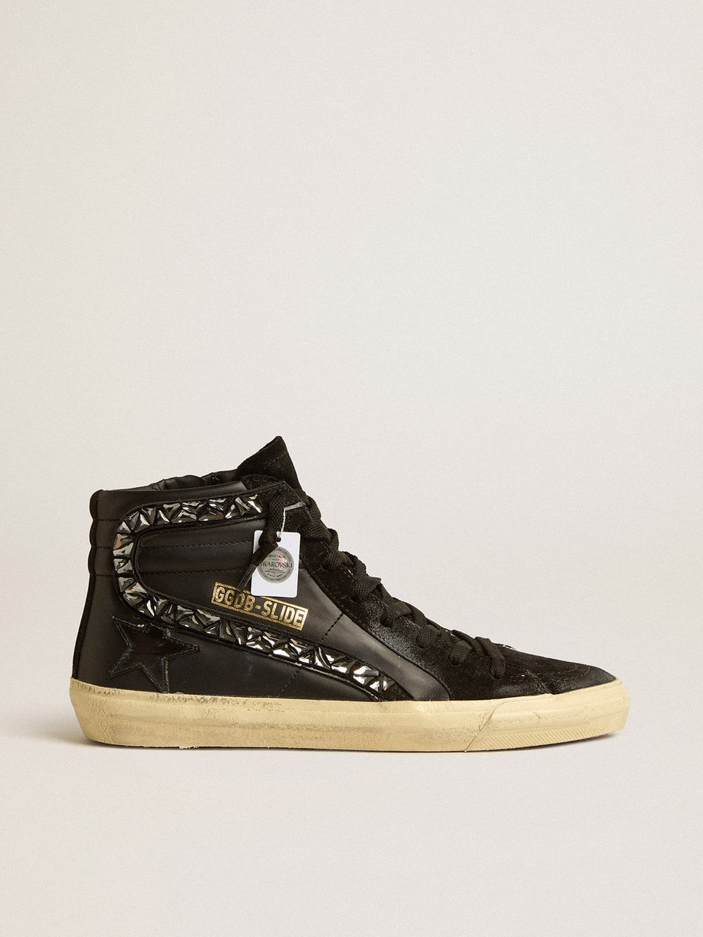 Golden Goose Slide in leather with black star and Swarovski crystal flash