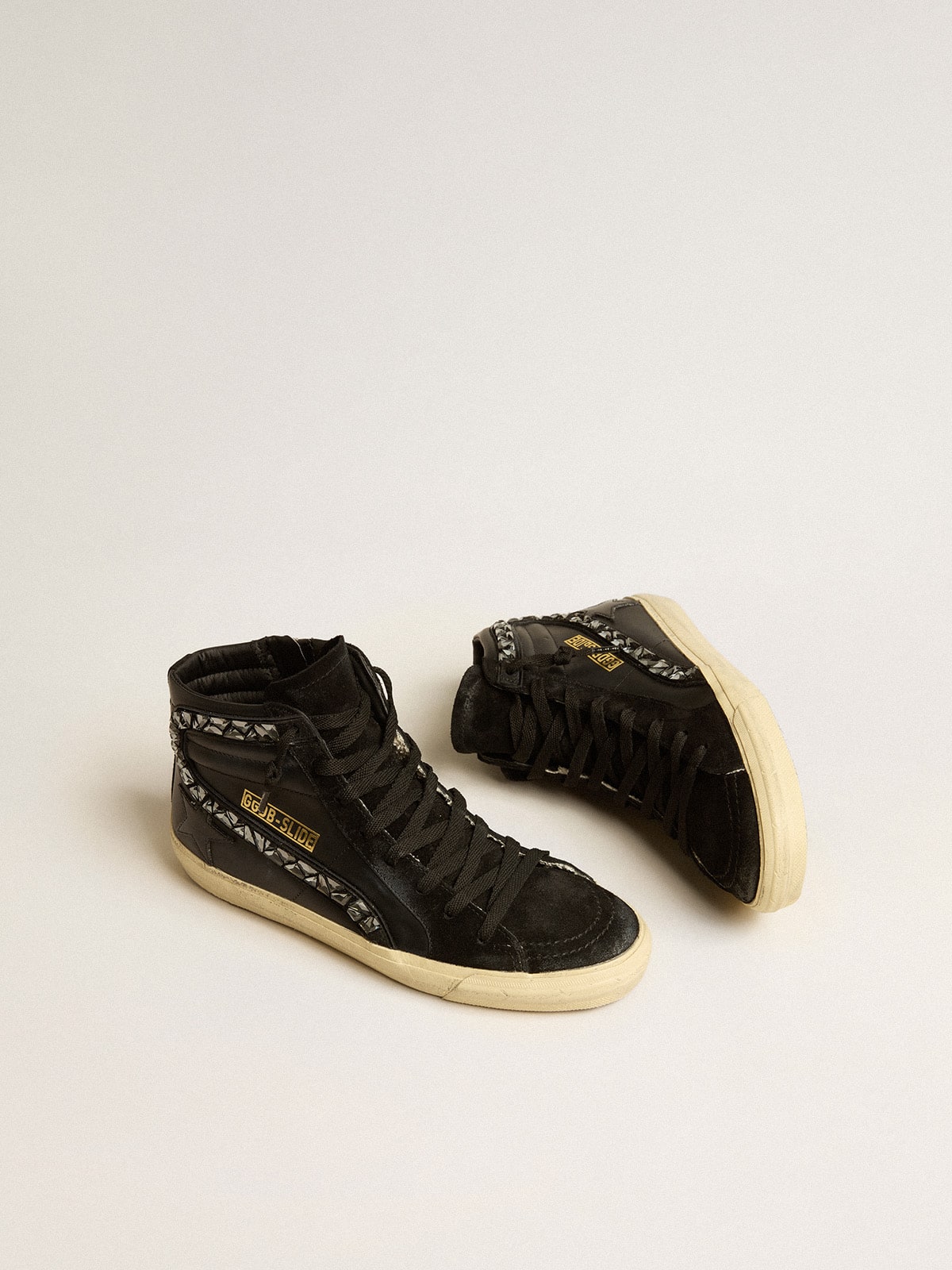 Golden Goose Slide in leather with black star and Swarovski crystal flash