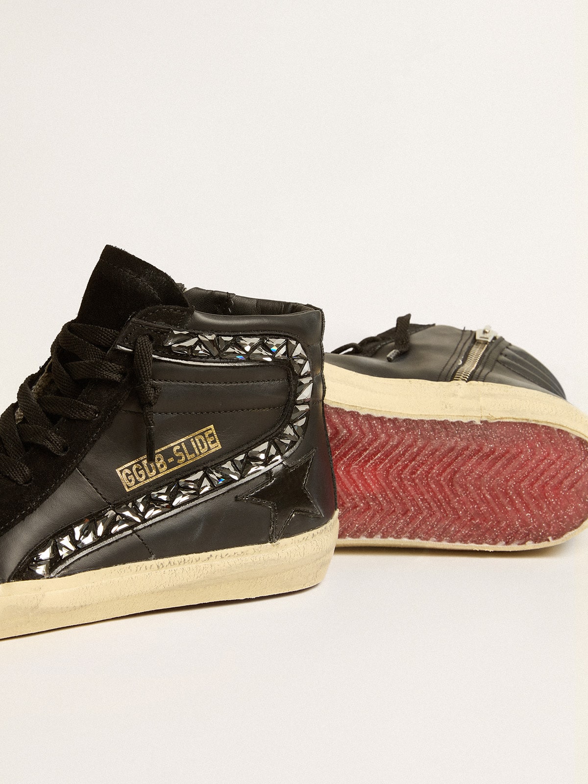 Golden Goose Slide in leather with black star and Swarovski crystal flash