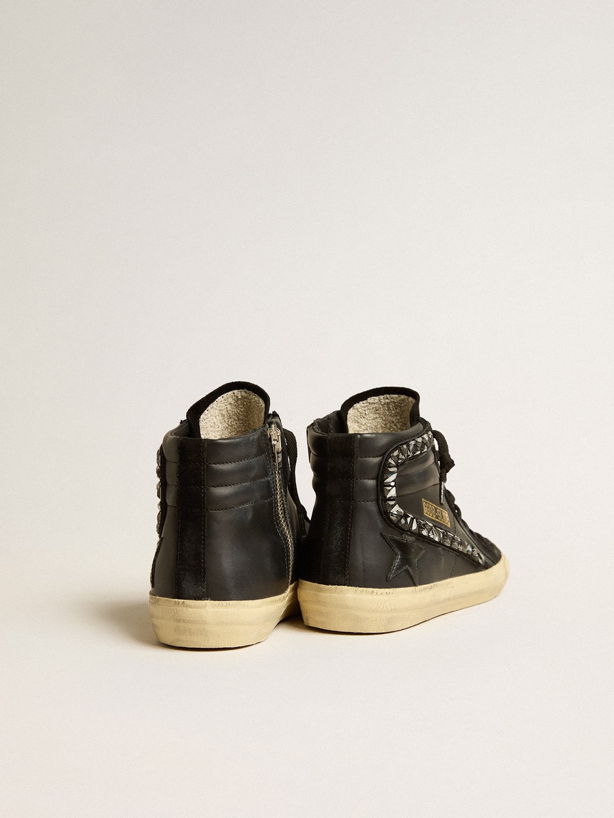 Golden Goose Slide in leather with black star and Swarovski crystal flash