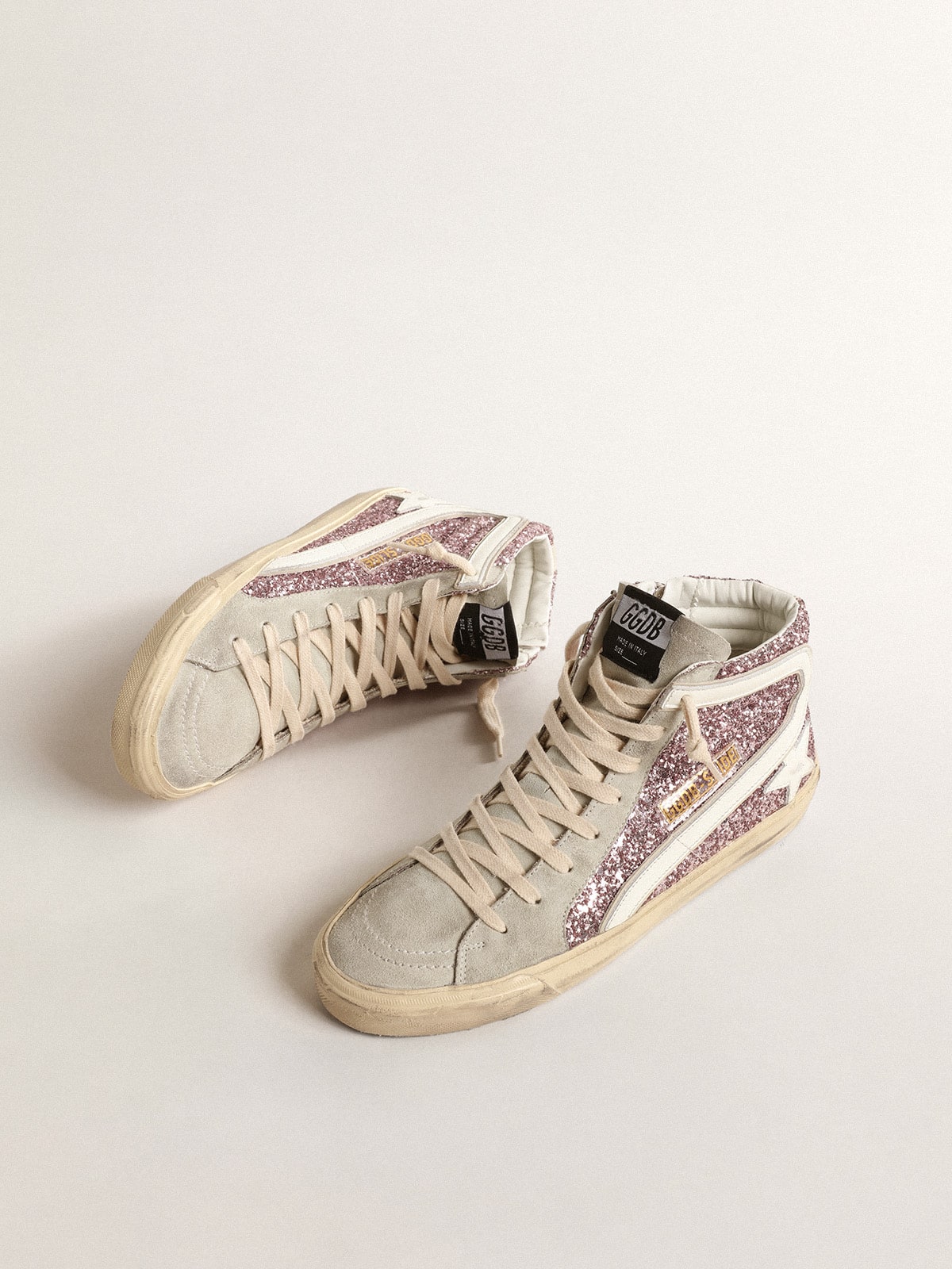 Golden Goose Slide in lilac glitter with white leather star and flash