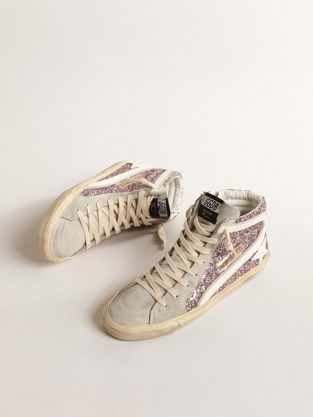 Golden Goose Slide in lilac glitter with white leather star and flash