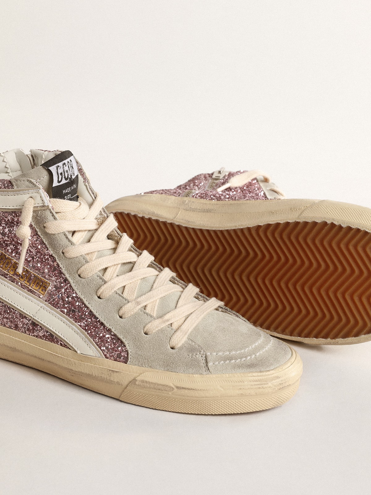 Golden Goose Slide in lilac glitter with white leather star and flash
