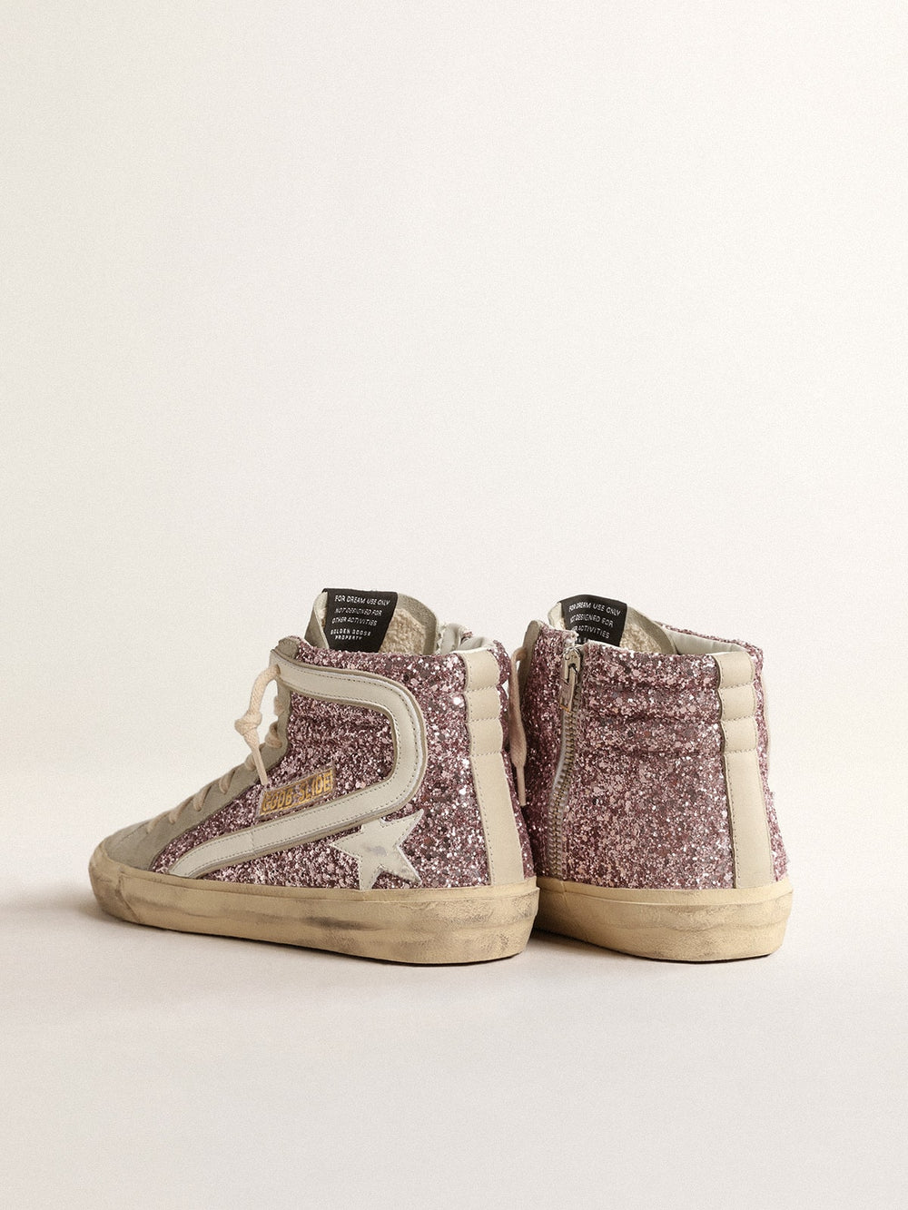 Golden Goose Slide in lilac glitter with white leather star and flash