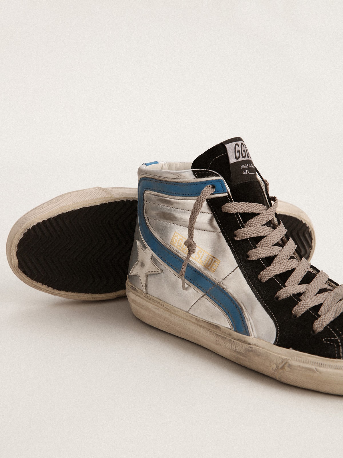 Golden Goose Slide in silver metallic leather with white leather star
