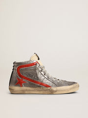 Golden Goose Women’s Slide with silver metallic leather upper and red metallic leather flash