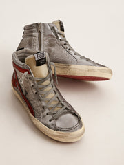 Golden Goose Women’s Slide with silver metallic leather upper and red metallic leather flash