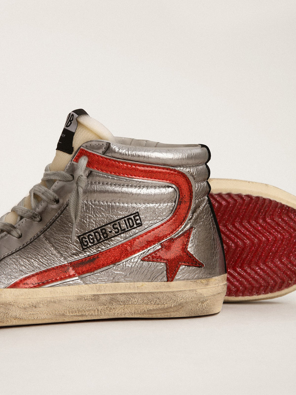 Golden Goose Women’s Slide with silver metallic leather upper and red metallic leather flash