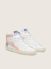 Golden Goose Women's Slide in white leather with silver glitter star and pink leather flash