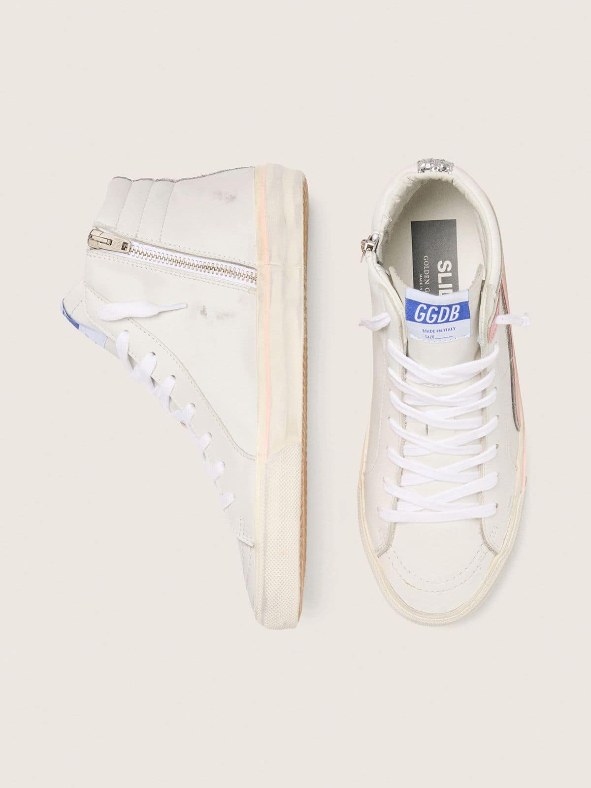 Golden Goose Women's Slide in white leather with silver glitter star and pink leather flash