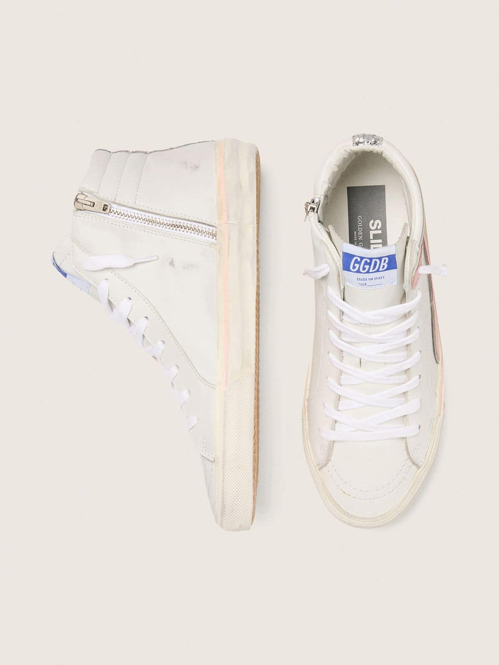 Golden Goose Women's Slide in white leather with silver glitter star and pink leather flash