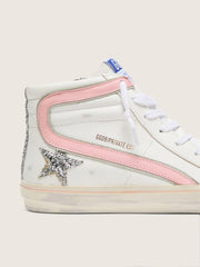 Golden Goose Women's Slide in white leather with silver glitter star and pink leather flash