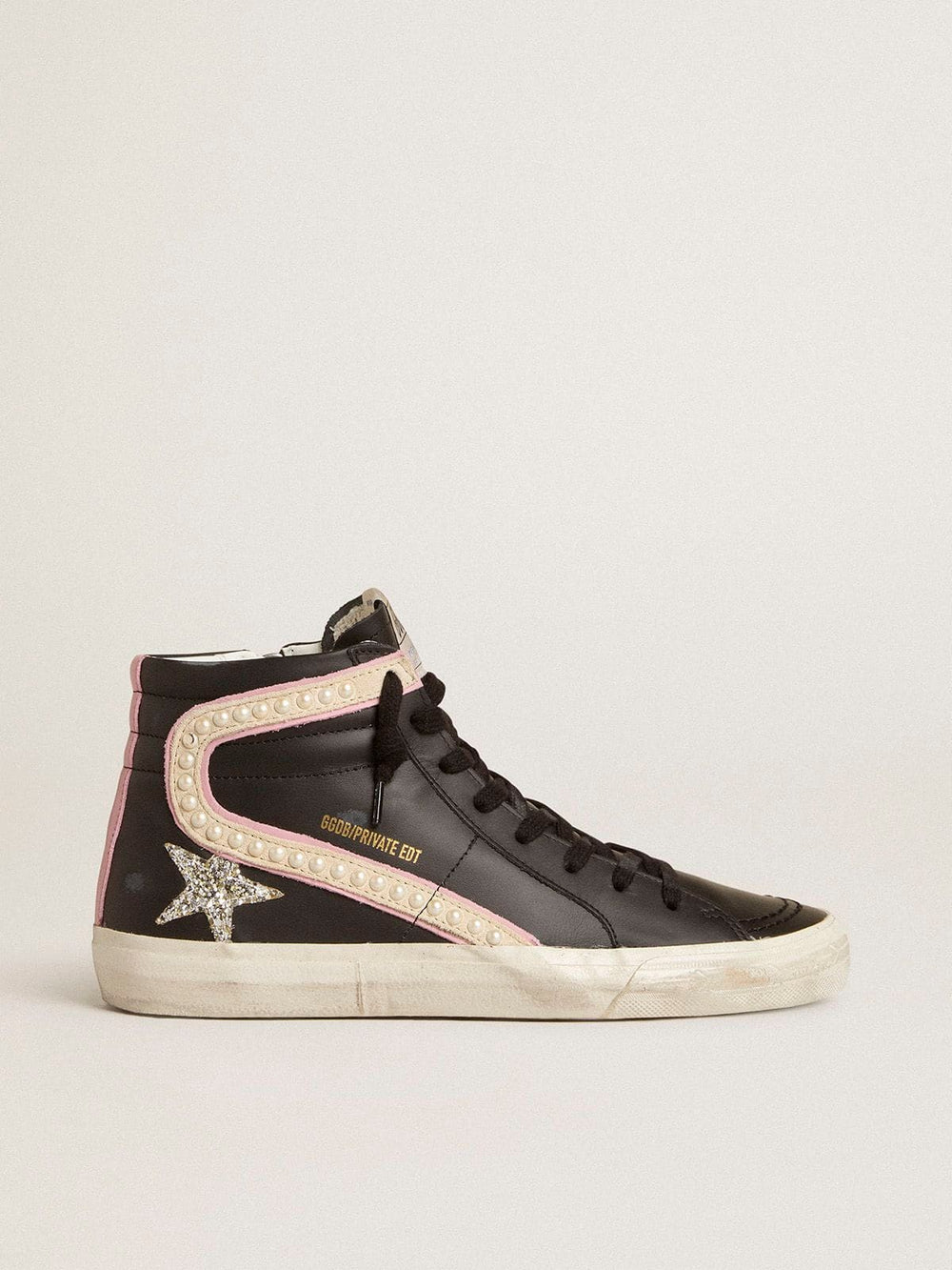 Golden Goose Slide LTD with platinum glitter star and suede flash with pearls