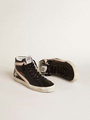 Golden Goose Slide LTD with platinum glitter star and suede flash with pearls