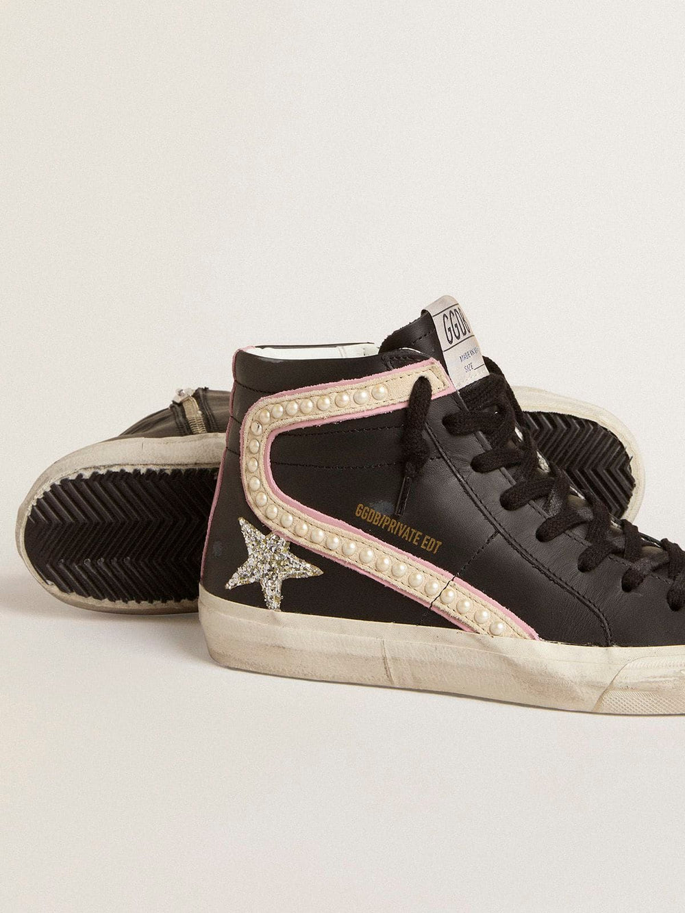 Golden Goose Slide LTD with platinum glitter star and suede flash with pearls