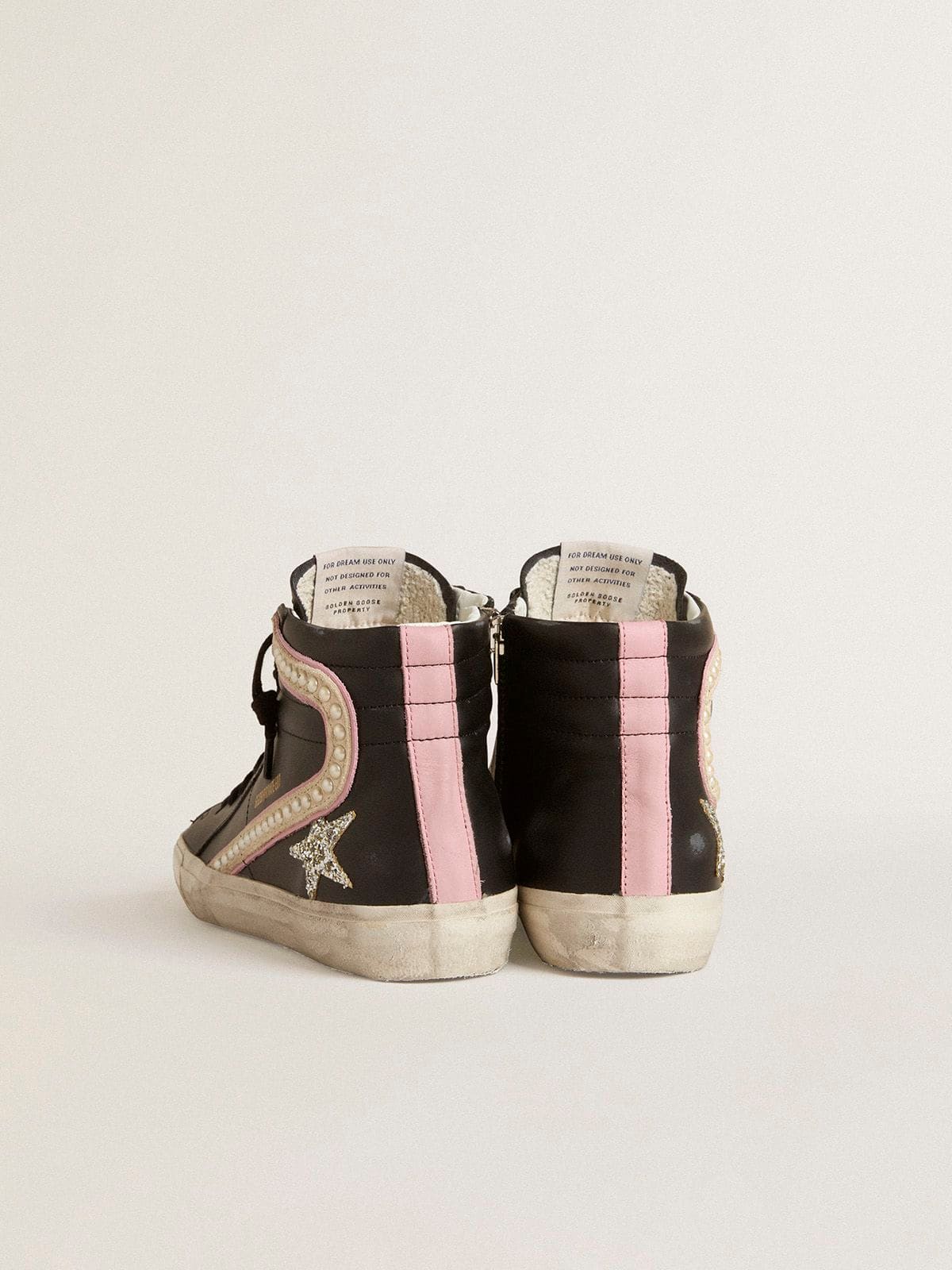Golden Goose Slide LTD with platinum glitter star and suede flash with pearls