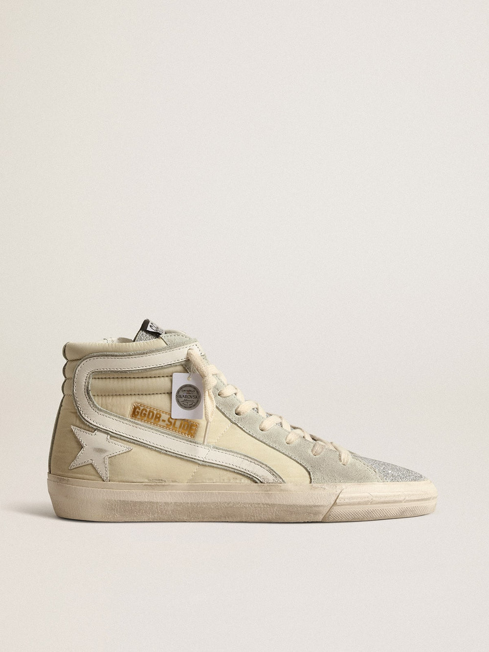 Golden Goose Slide in ivory nylon with white leather star and Swaroski tongue