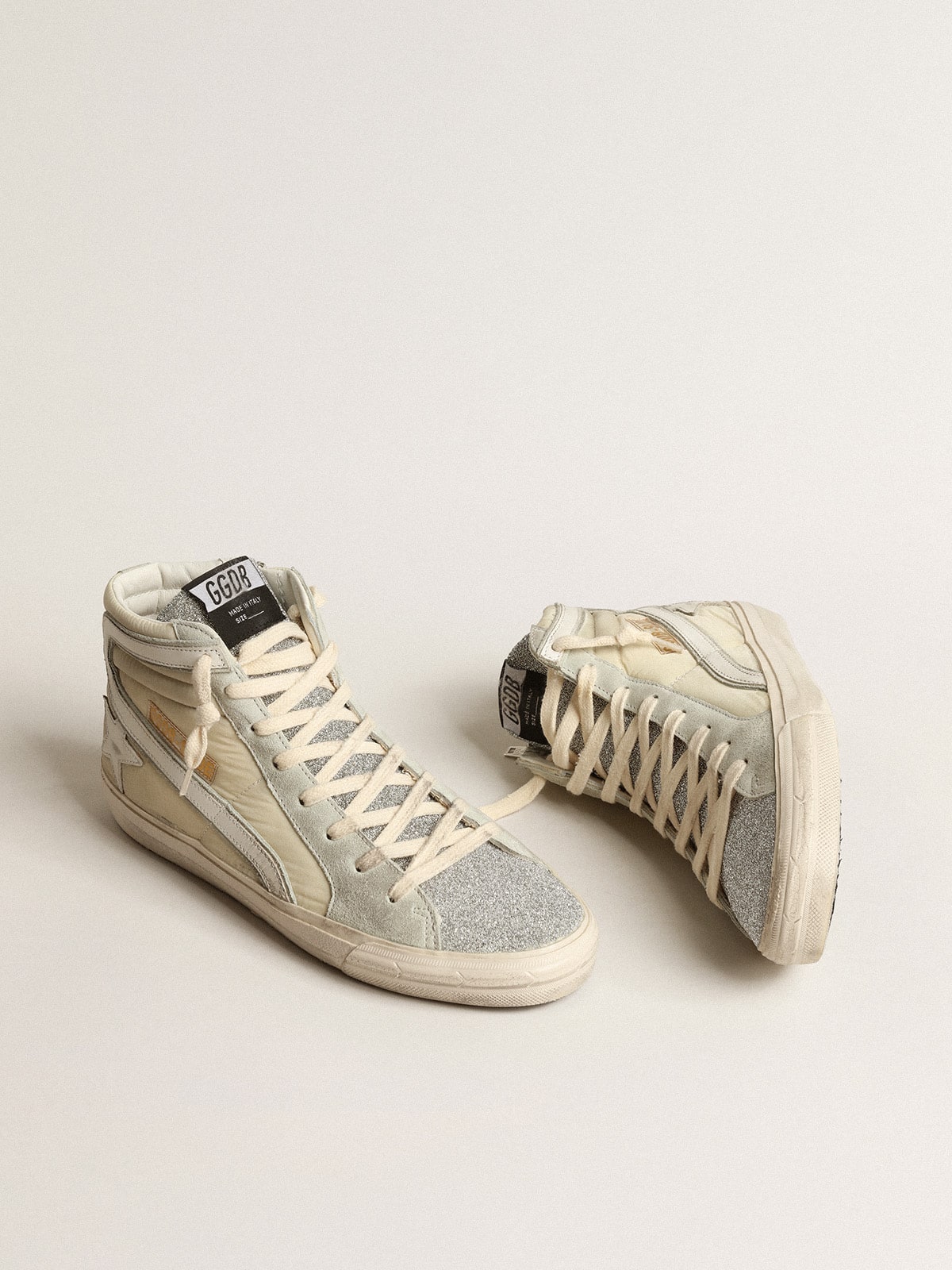 Golden Goose Slide in ivory nylon with white leather star and Swaroski tongue