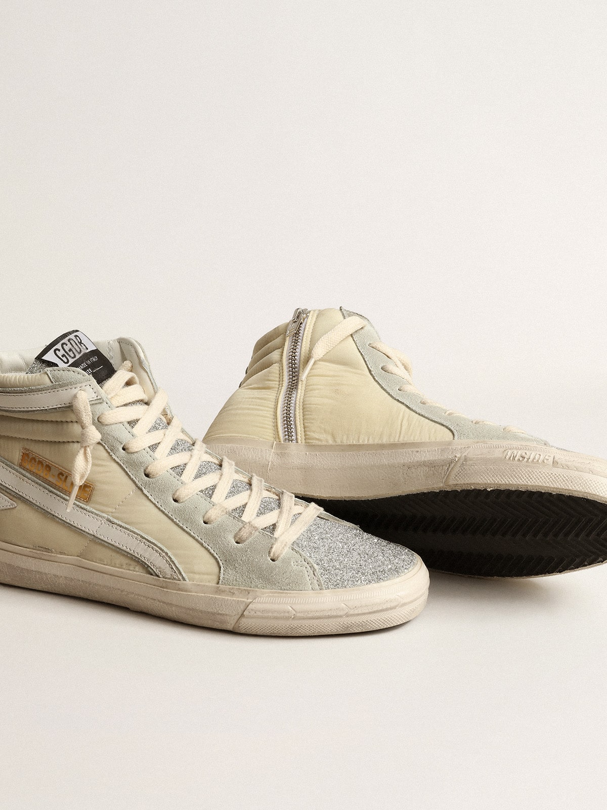 Golden Goose Slide in ivory nylon with white leather star and Swaroski tongue