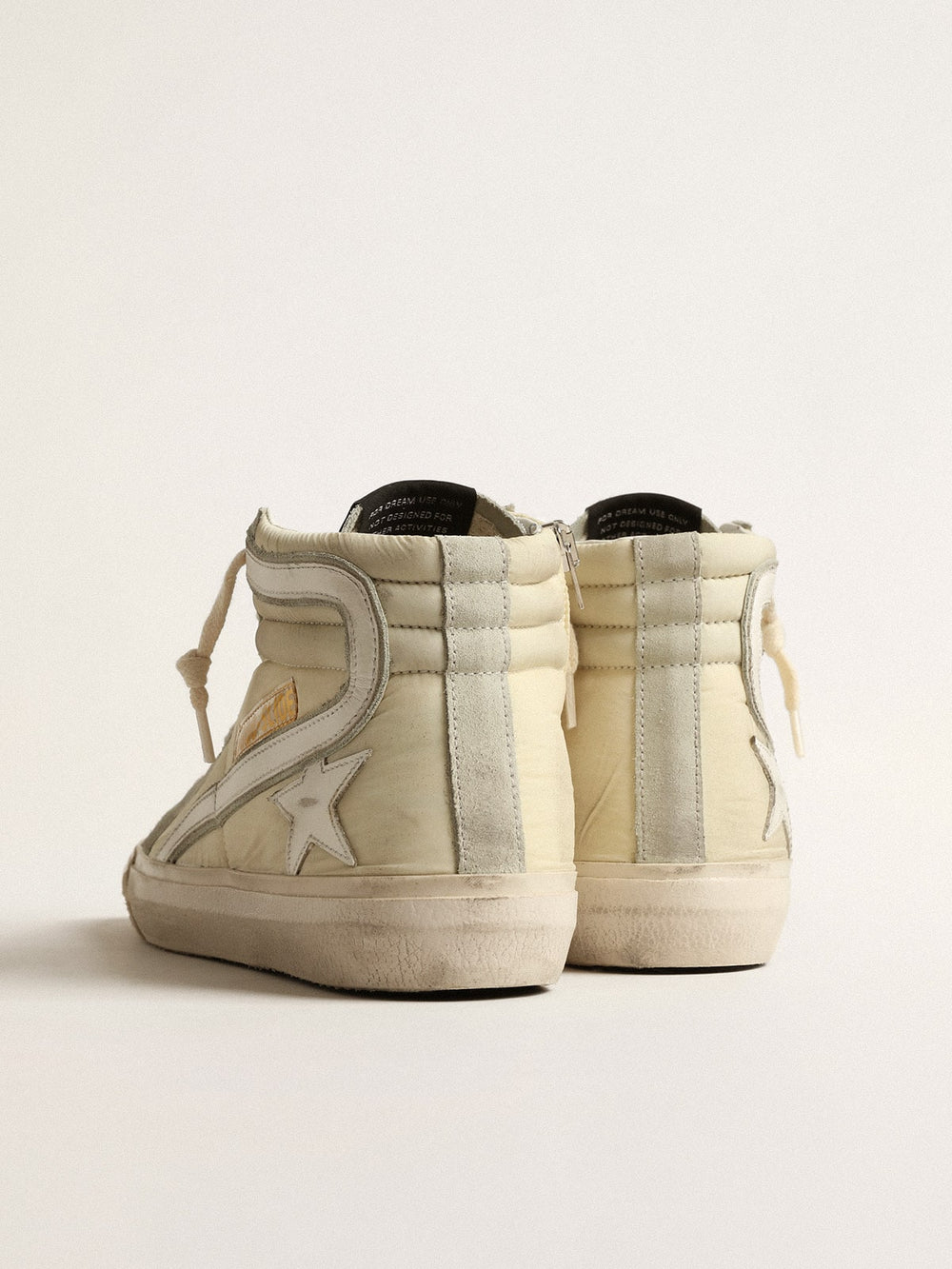 Golden Goose Slide in ivory nylon with white leather star and Swaroski tongue