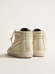 Golden Goose Slide in ivory nylon with white leather star and Swaroski tongue