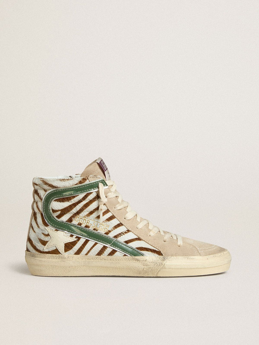 Golden Goose Women's Slide in zebra-print pony skin with green laminated leather flash