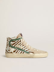 Golden Goose Women's Slide in zebra-print pony skin with green laminated leather flash