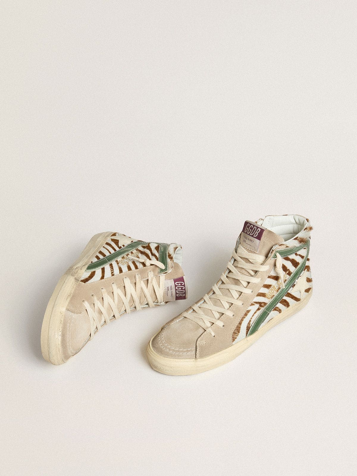 Golden Goose Women's Slide in zebra-print pony skin with green laminated leather flash
